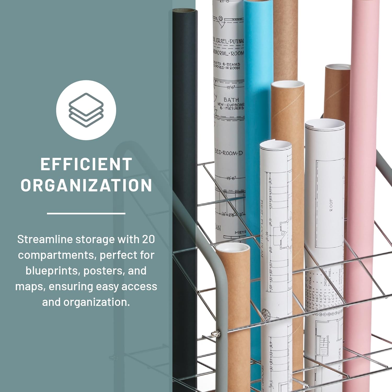 Safco Tubular Steel Wire Roll File Cart - 20 Compartment Rolling Organizer for Blueprints & Maps
