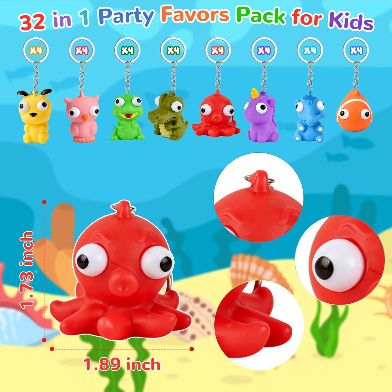 Squishy Toys | 32 Packs Popping Eyes Animal Keychains - Fun Fidget Party Favors for Kids