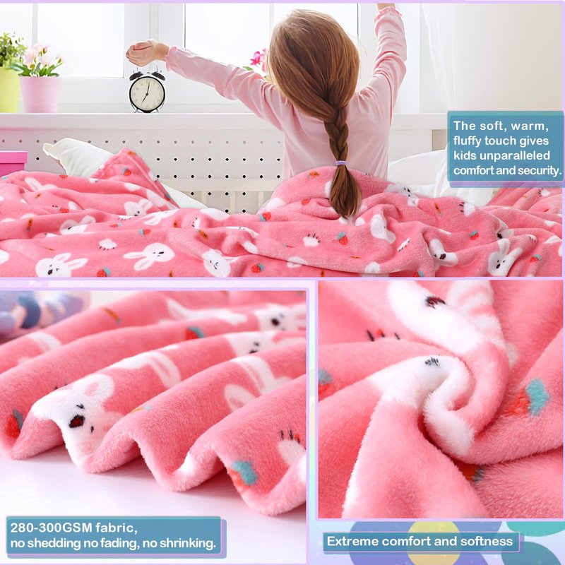 Warm Soft Toddler Fleece Blankets for Girls with Cartoon Bunny Pattern Print - Cozy Fuzzy Plush Flannel Kids Throw Blanket for Daycare & School - 50x60 inches (Pink)