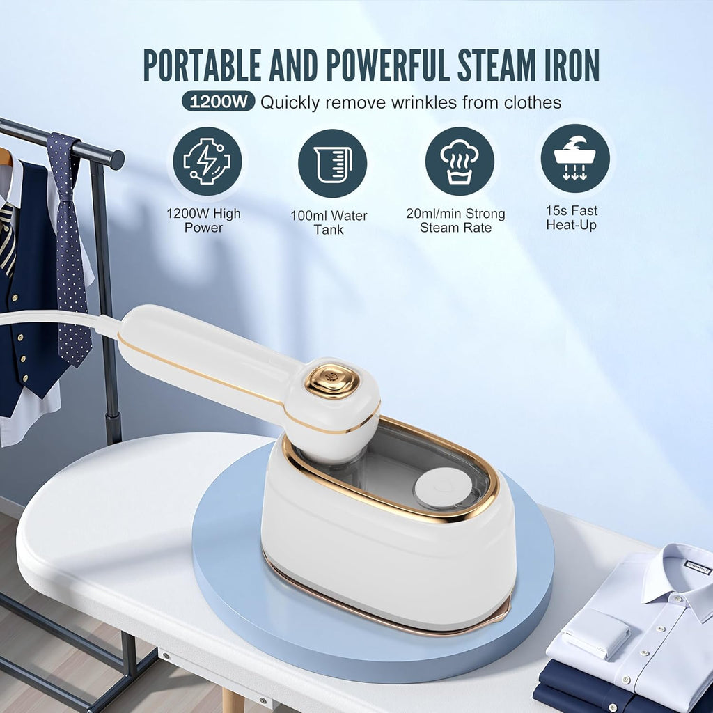 Skiennix Travel Steamer - 1200W Handheld Garment Iron for Quick Wrinkle Removal | Fast Heating in 10 Seconds, White