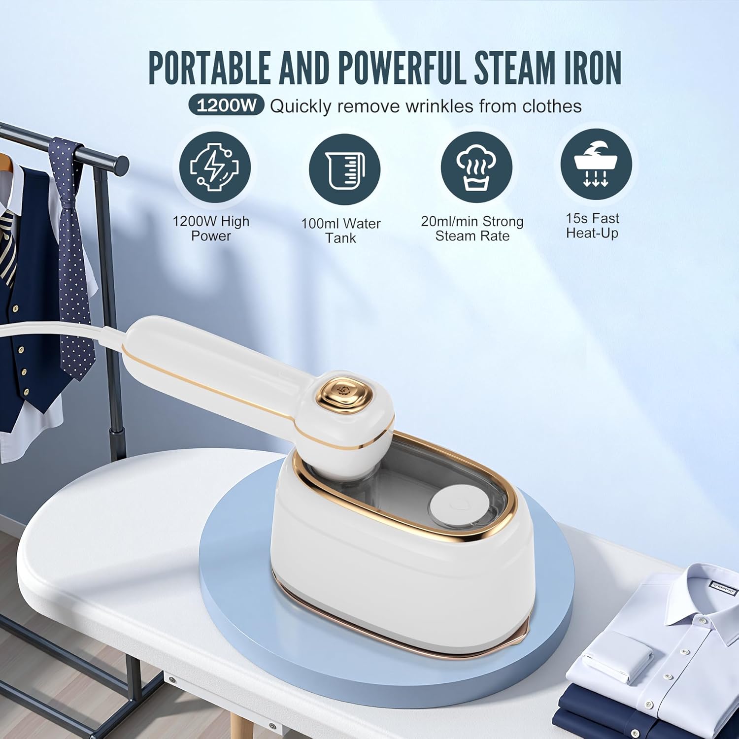 Skiennix Travel Steamer - 1200W Handheld Garment Iron for Quick Wrinkle Removal | Fast Heating in 10 Seconds, White