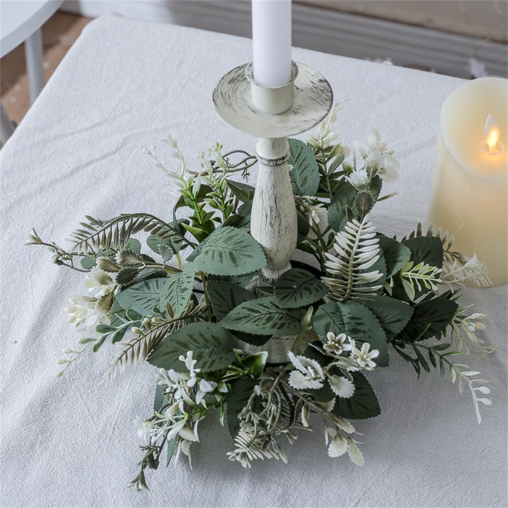 Skiennix 10-Inch Artificial Eucalyptus Leaves Wreaths - Boho Candle Rings for Home Decor (Green, 2-Pack)