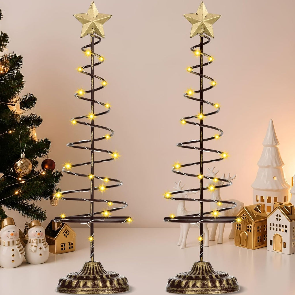 Skiennix Lighted Christmas Tree Table Decoration - Set of 2 Mini Prelit Xmas Trees with Golden Star | Battery Operated, Gold