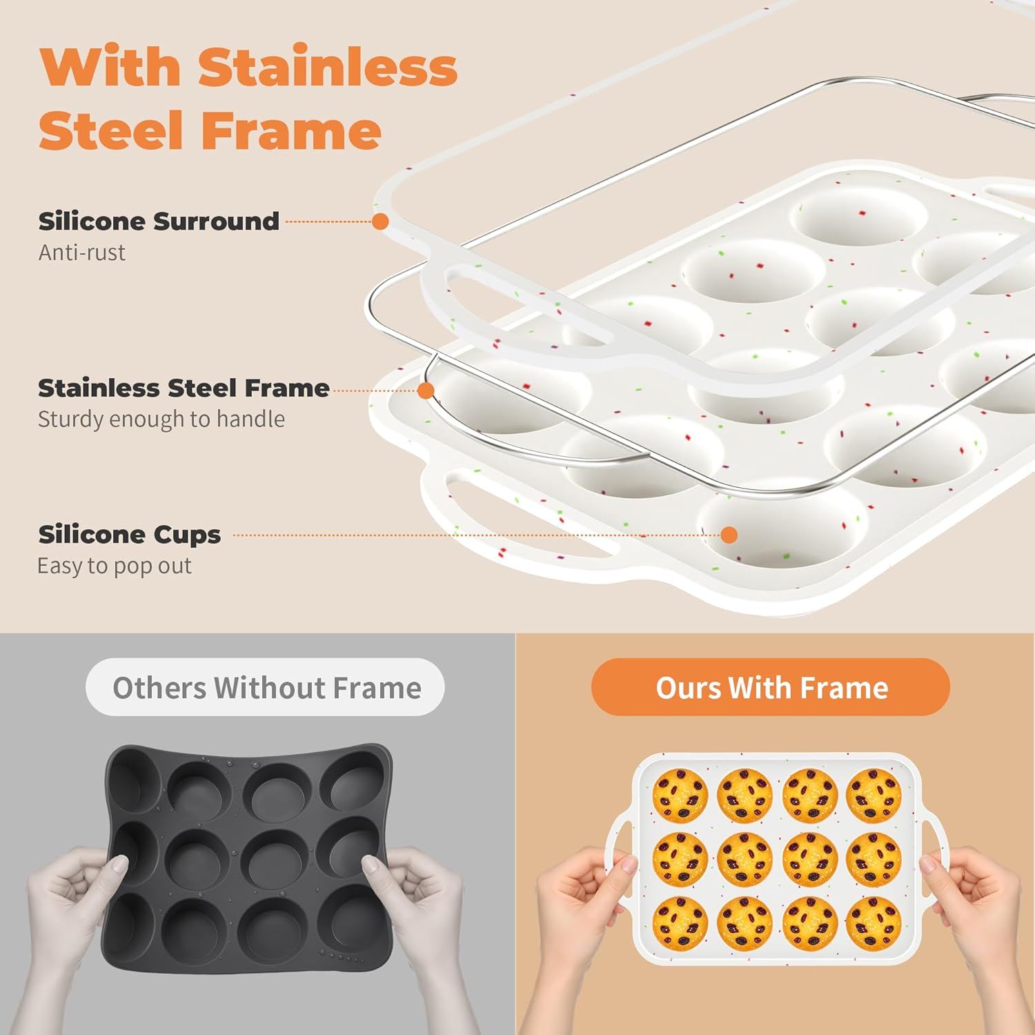 Skiennix Silicone Muffin Pan - 12-Cup Nonstick Baking Tray with Metal Reinforced Frame | BPA-Free