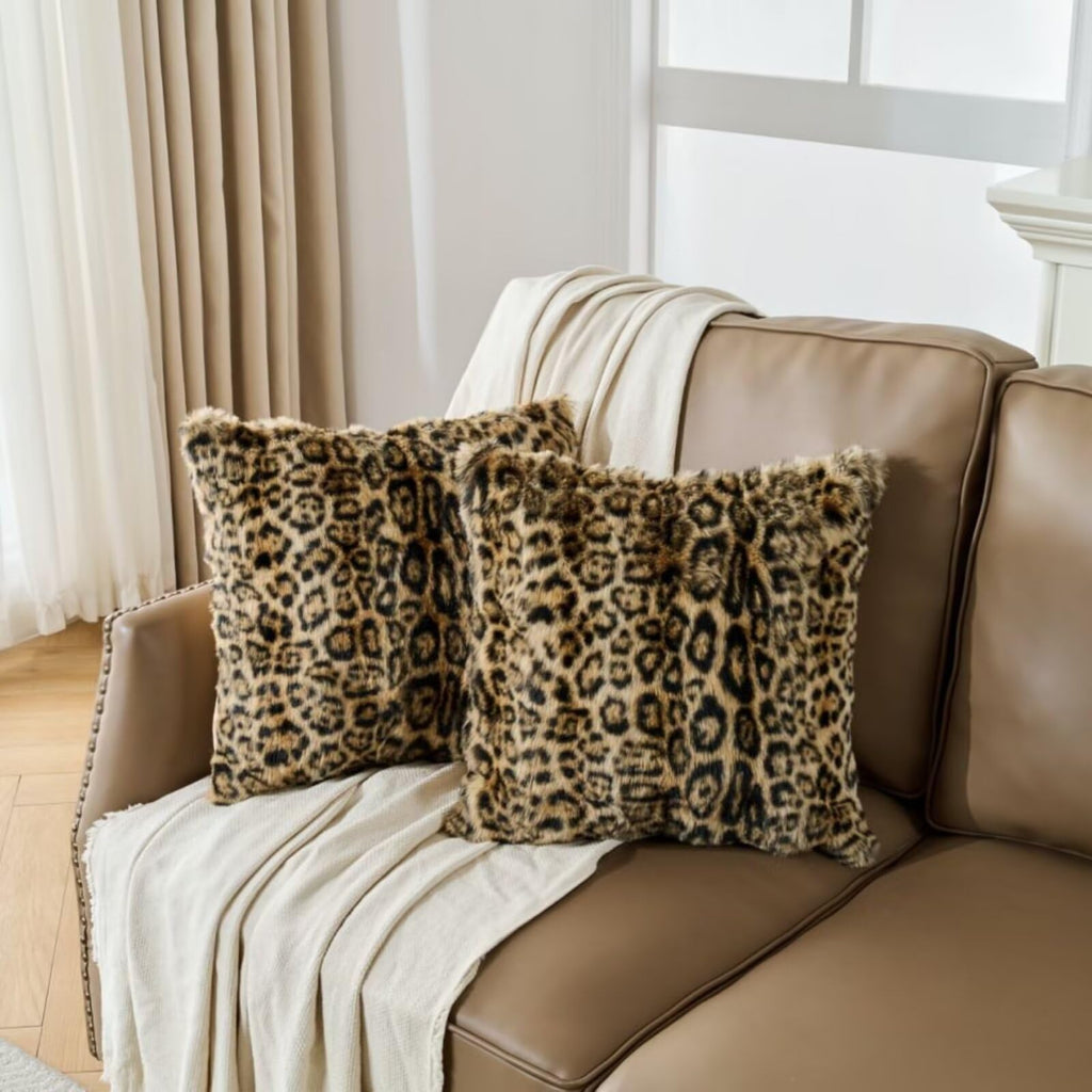 MeadowSky Pack of 2 Throw Pillow Covers Dense Faux Rabbit Fur Cozy Super Soft Fuzzy Set Case Decorative Throw Pillows Cushion for Couch Sofa Bedroom-Leopard Brown 18x18 Inch