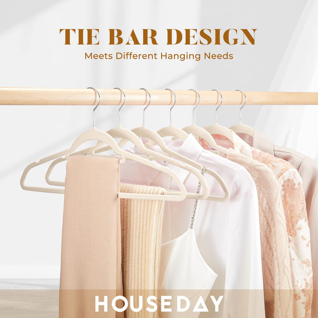 HOUSE DAY Beige Velvet Hangers 60 Pack N Ivory Velvet Hangers with Tie Bar 20 Pack