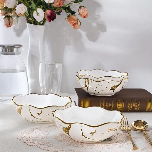 Fanquare 16oz Gold Marble Pasta Bowls Set of 4, 7" Porcelain Salad and Cereal Bowls, Modern Kitchen Serving Set