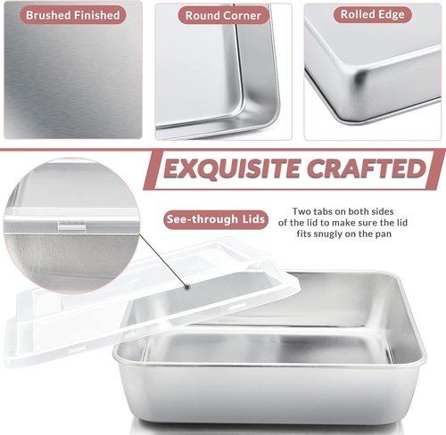 E-far 9-Inch Square Cake Pan Set - Non-Toxic Stainless Steel Bakeware with Lids | Easy Clean & Dishwasher Safe - 4 Pieces