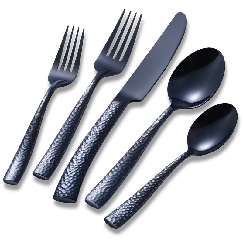 Flatasy Silverware Set Black Hammered Pattern Flatware Cutlery Stainless Steel Utensil 20 Pieces Spoons Forks and Knives Service for 4
