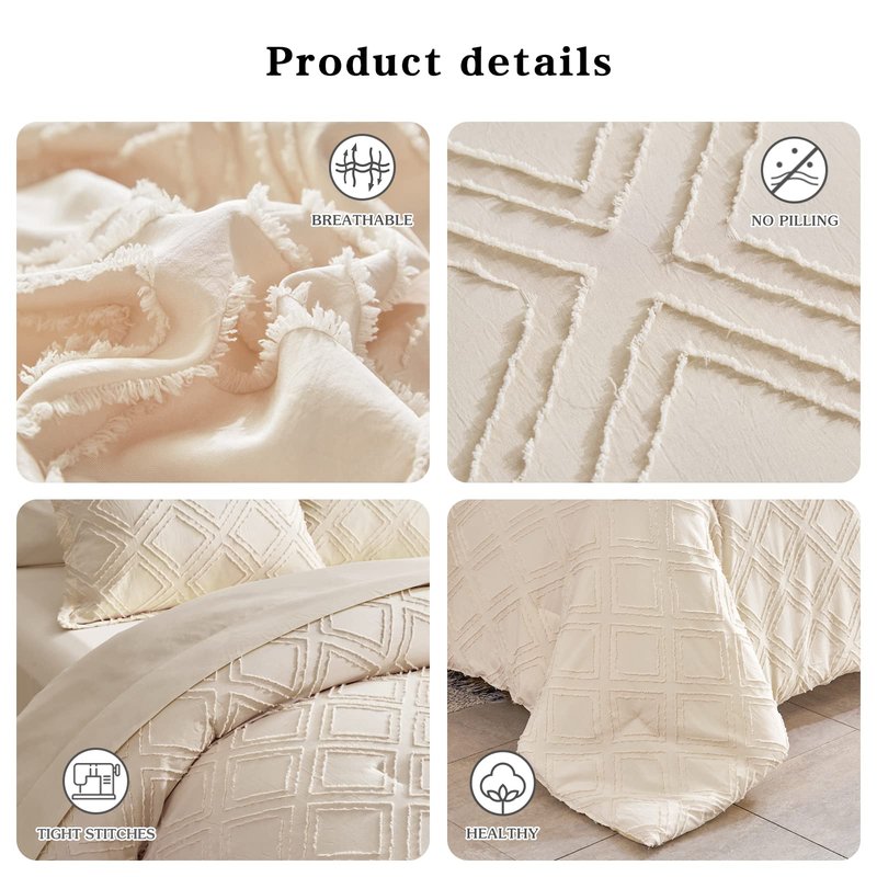7 Pieces Tufted Bed in a Bag King Comforter Set with Sheets Beige, Soft and Embroidery Shabby Chic Boho Bohemian, Luxury Solid Color with Diamond Pattern, Jacquard Tufts Bedding Set for All Season