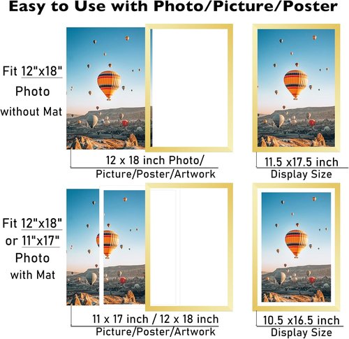 JCJMY 12x18 Picture Frame - Elegant Gold Frame for 11x17 Photos with Mat or 12x18 Without Mat