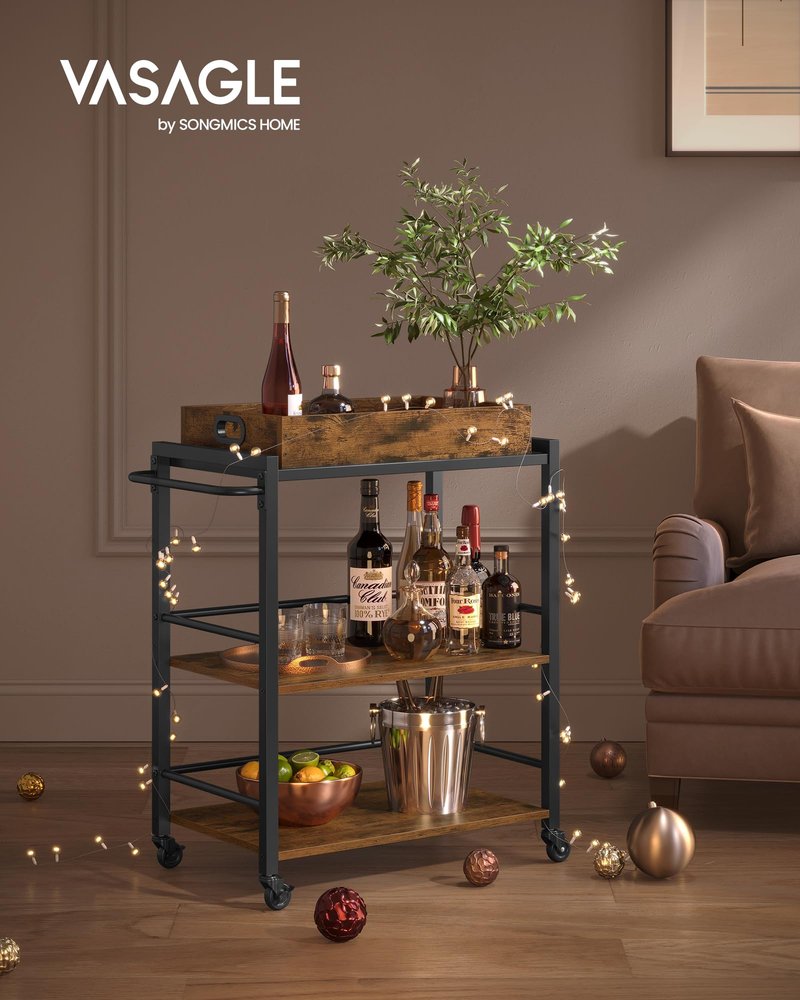 VASAGLE Kitchen Serving Cart with Removable Tray, 3-Tier Kitchen Utility Cart on Wheels with Storage, with Brakes, Leveling Feet, 15.7 x 28.3 x 33.9 Inches, Rustic Brown and Black ULRC72X