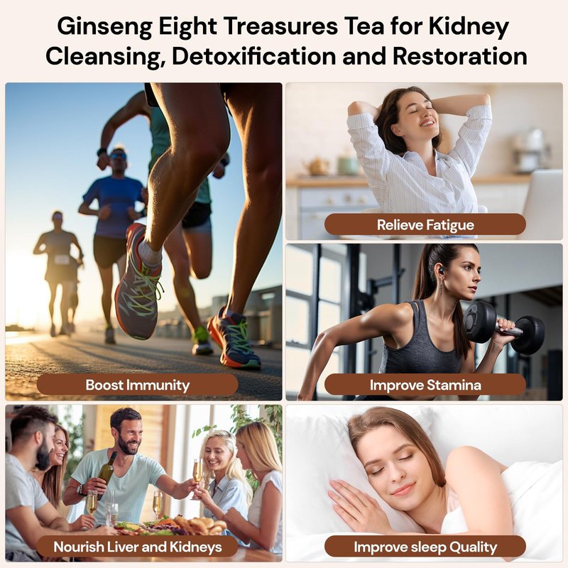 Goji Berries Ginseng Kidney Tea Formula Ginseng Eight Treasure Tea 8 Natural Ingredient Kidney Cleanse Detox & Repair for Women & Men 25 Count, Caffeine-Free (Pack of 1）