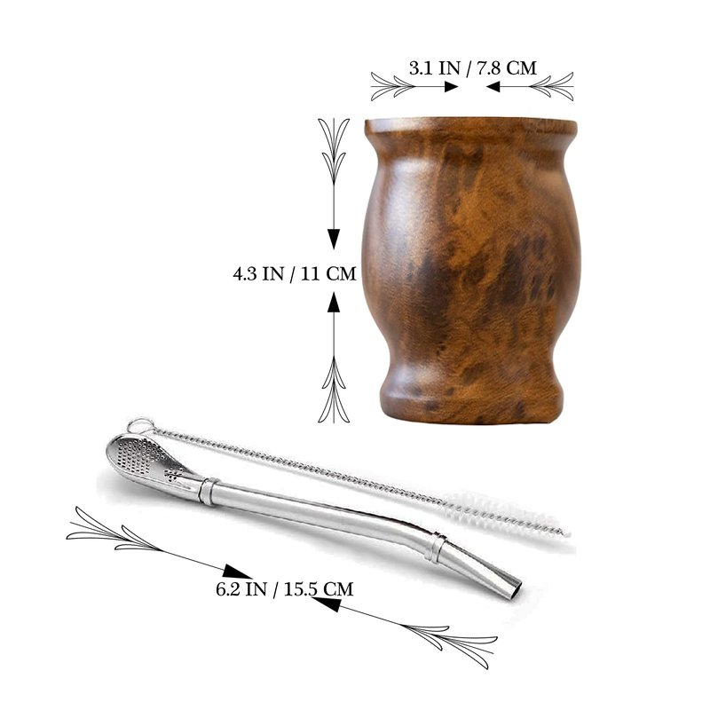 LA FEE Yerba Mate Natural Gourd/Tea Cup Set Brown (Original Traditional Mate Cup - 8 Ounces)，Includes Yerba Mate Straw & Cleaning Brush，Stainless Steel | Double-Walled | Easy to Clean (Brown)