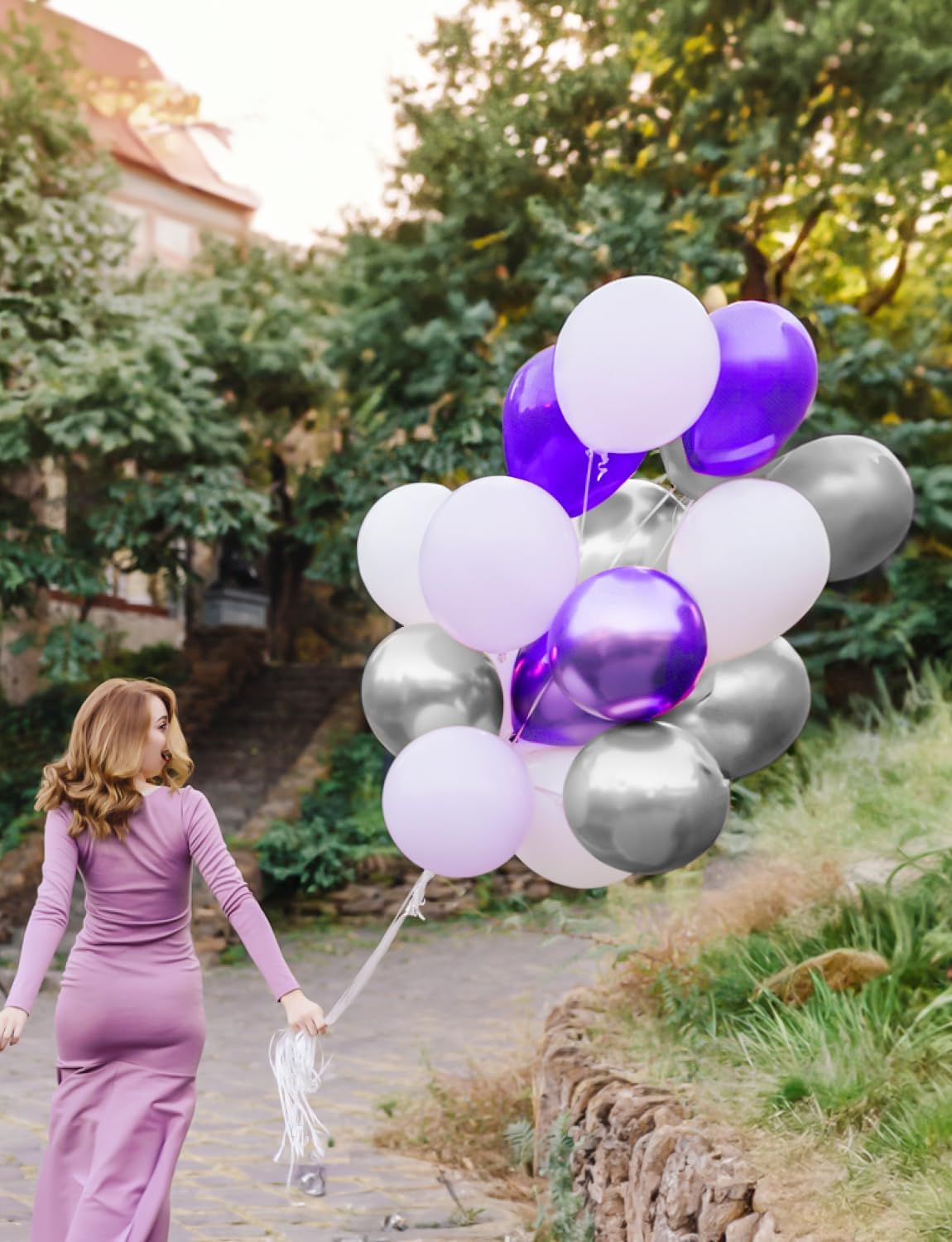 Skiennix 12 Inch Purple & Silver Balloons - 60pcs Pastel Lavender Confetti for Parties & Celebrations