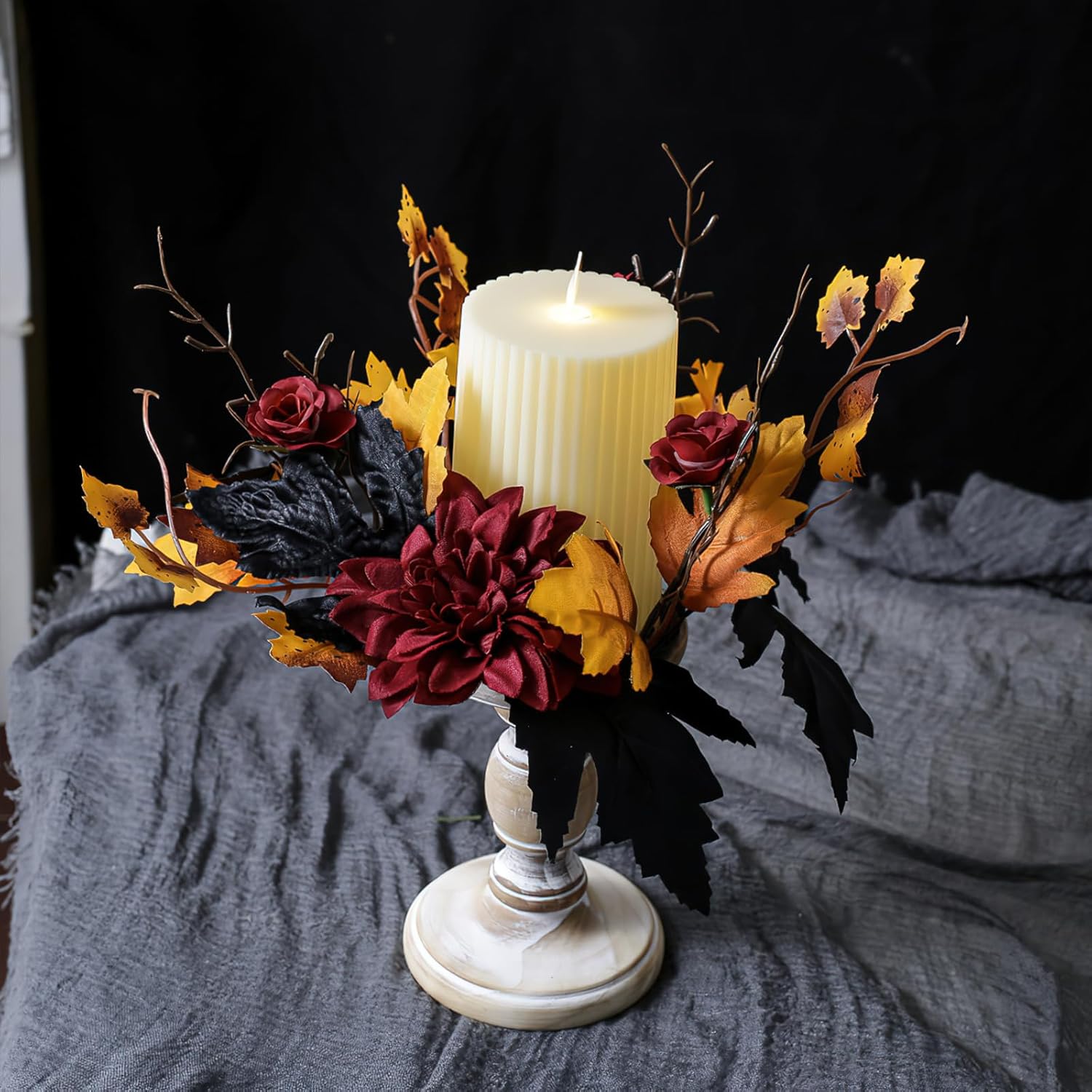 Regine Switzerland Halloween Candle Rings - Red Floral Wreath with Artificial Maple Leaves | Perfect for Home Decor