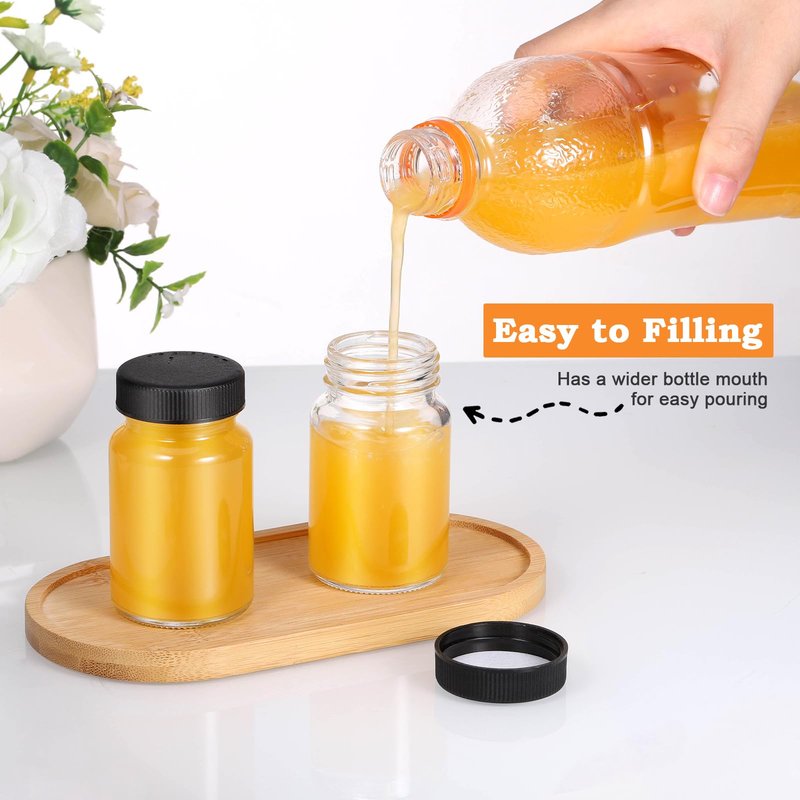 10 Pcs Glass Shot Bottles with Caps, 2oz Ginger Shots Bottles, Reusable Thick Mini Juice Shot Bottle with Label, Small Bottle, Wide Mouth Small Glass Jars with Lids for Oil Sauce (Black Lid)