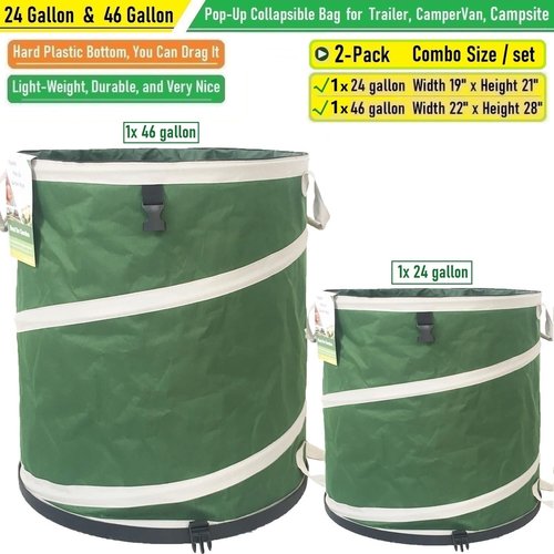 24 Gallon and 46 Gallon Collapsible Trash Can Solid Bottom for Yard Waste Bag,Yard Debris Bag,Pop-Up Trash Can,Recycling Bin,RV Camping Waste Bin,Laundry Hamper,Lawn Grass,Garden Weeds Bags,Leaf Bags
