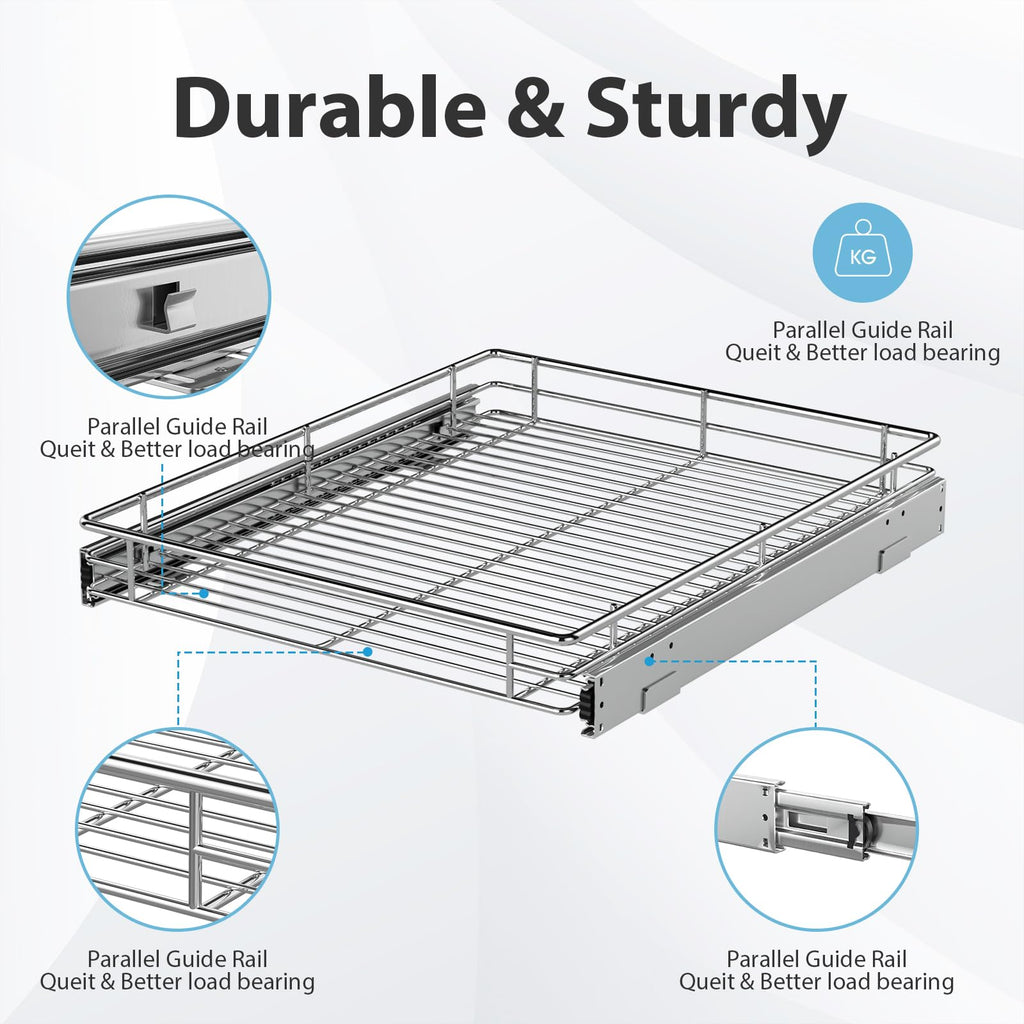 ZOINLIY Pull Out Cabinet Organizer, Versatile Slide Out Kitchen Organizers and Storage,Heavy Duty Drawer Cupboard Storage Basket, Smooth Sliding, Chrome Finish,22.8" W x 21" D