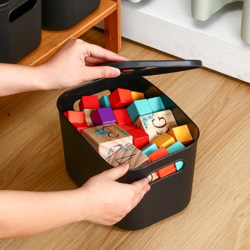 Hoolerry Colorful Storage Bins - 8-Piece Stackable Plastic Organizing Containers with Lids | 9.8 x 7.1 x 6.3 Inch, Black