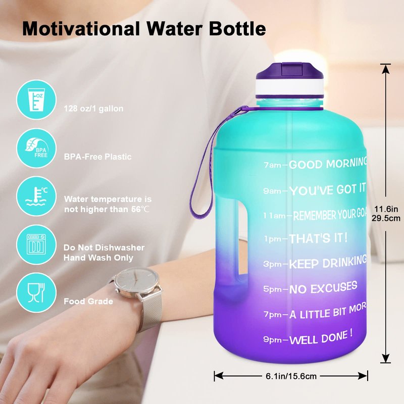 QuiFit Motivational Gallon Water Bottle - with Straw & Time Marker BPA Free Large Reusable Sport Water Jug with Handle for Fitness Outdoor Enthusiasts Leak-Proof (Green/Purple,1 gallon)