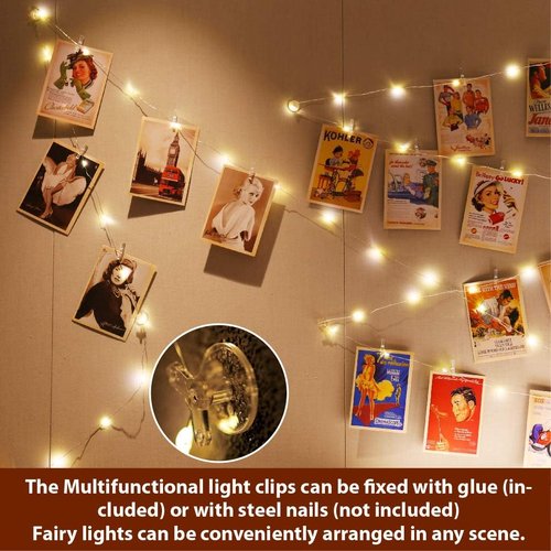 HXWEIYE 33Ft Warm White Photo Clips String Light - 100 LEDs with Timer & 8 Modes | Includes 52 Clear Clips & 12 Hooks for Bedroom Decor