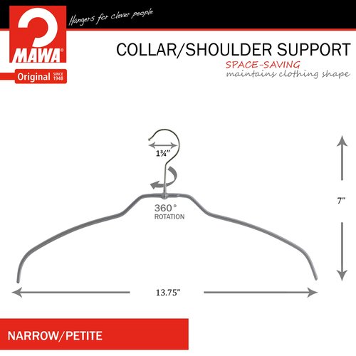 Mawa Narrow Petite Silhouette Clothing Hanger, Steel Hanger with Non-Slip Coating, for Shirts, Dresses, Camisoles, T-Shirts, Space-Saving, Rotating Hook, Set of 20, Silver