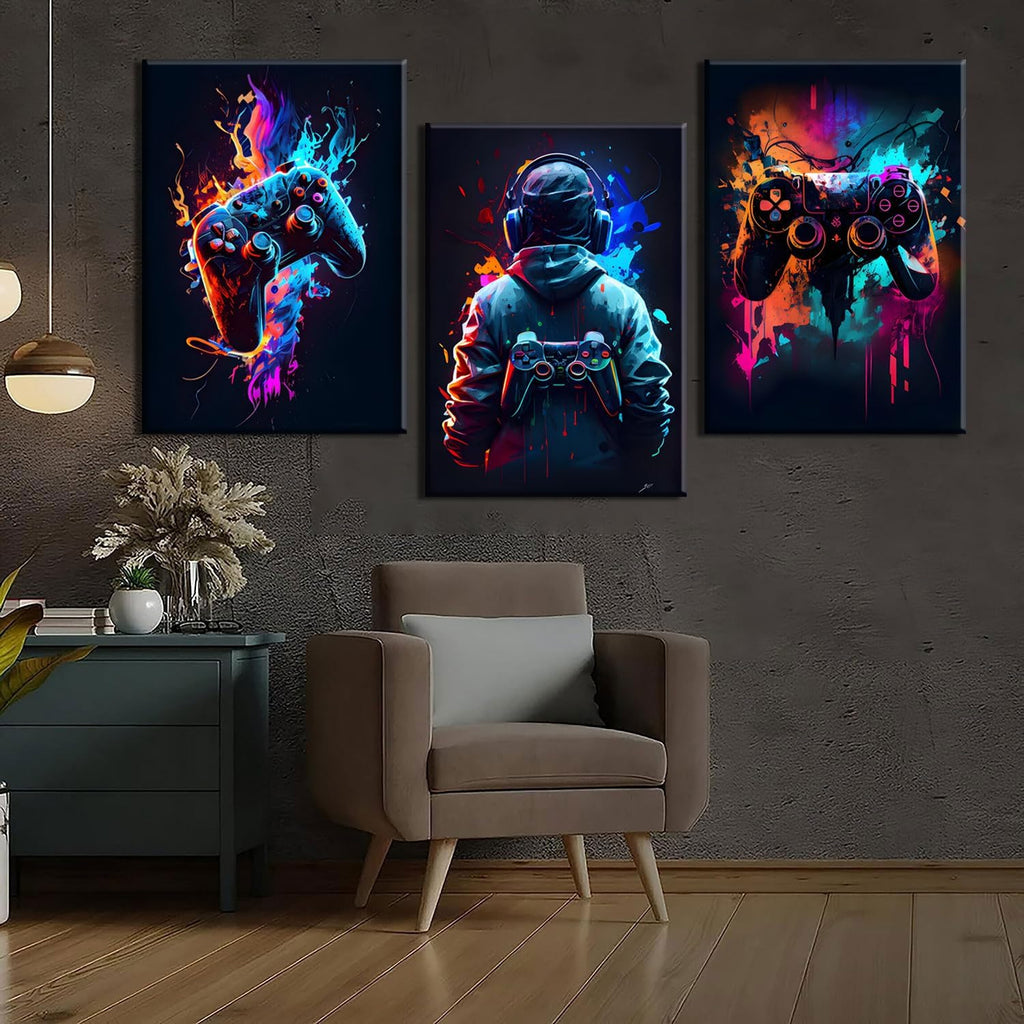 Skiennix Cool Gaming Wall Art - Retro Video Game Watercolor Posters | Colorful Neon Gamepad Canvas Prints for Kids' Rooms