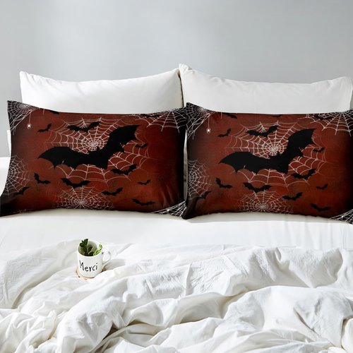 Castle Fairy Halloween Themed Bed Sheet Set Queen Size,Black Bat Gothic Animal Print Bedding Set for Children Adult,White Spider Web Retro Red Sheet Sets with Flat, Fitted Sheet, 2 Pillowcases