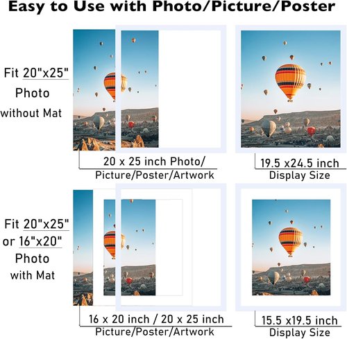 JCJMY 20x25 Picture Frame - Versatile Wall Hanging for 16x20 Photos with Mat or 20x25 Without Mat, White