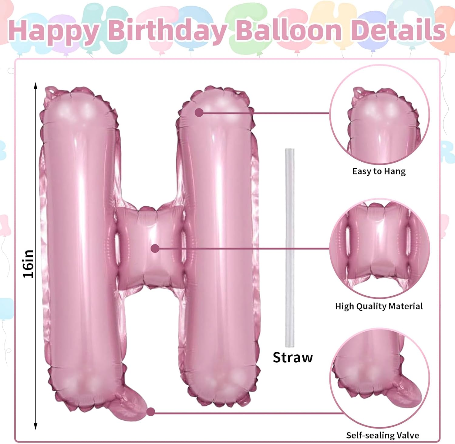 Skiennix Pink Happy Birthday Balloon Banner - 16 Inch Pastel Pearl Mylar Foil Balloons for Party Decor