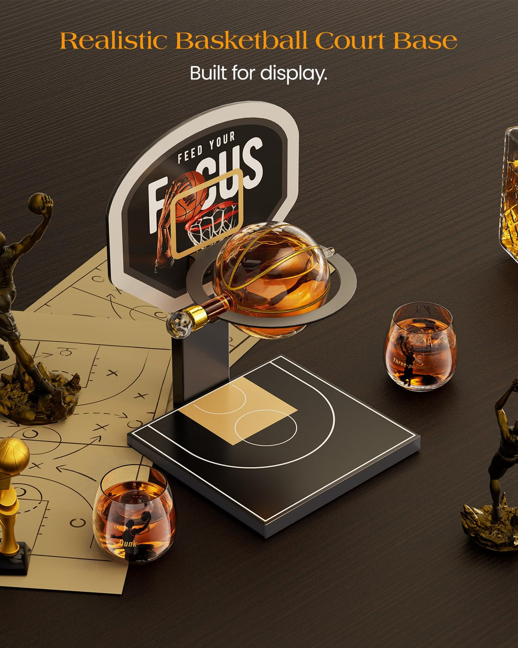 Kollea Basketball Whiskey Decanter Set with Black Court Stand & 2 Glasses, Stylish Liquor Decanter Gift for Men, Dad, Brother, Husband, Sports Lover - Birthday, Anniversary, Christmas, Retirement Gift