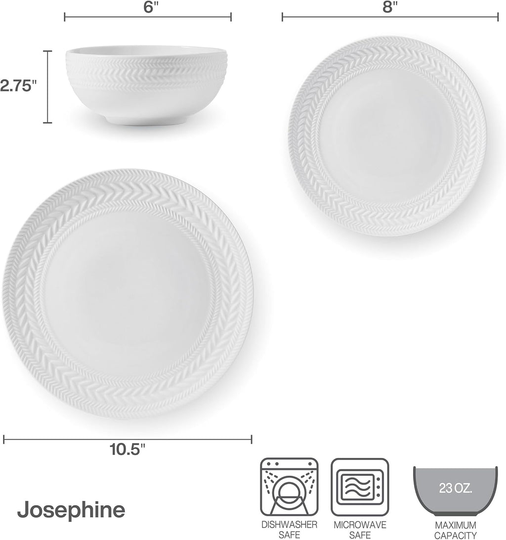 Pfaltzgraff Josephine 24-Piece Dinnerware Set - Elegant Embossed Basket Weave Design | Service for 8, White, Microwave & Dishwasher Safe