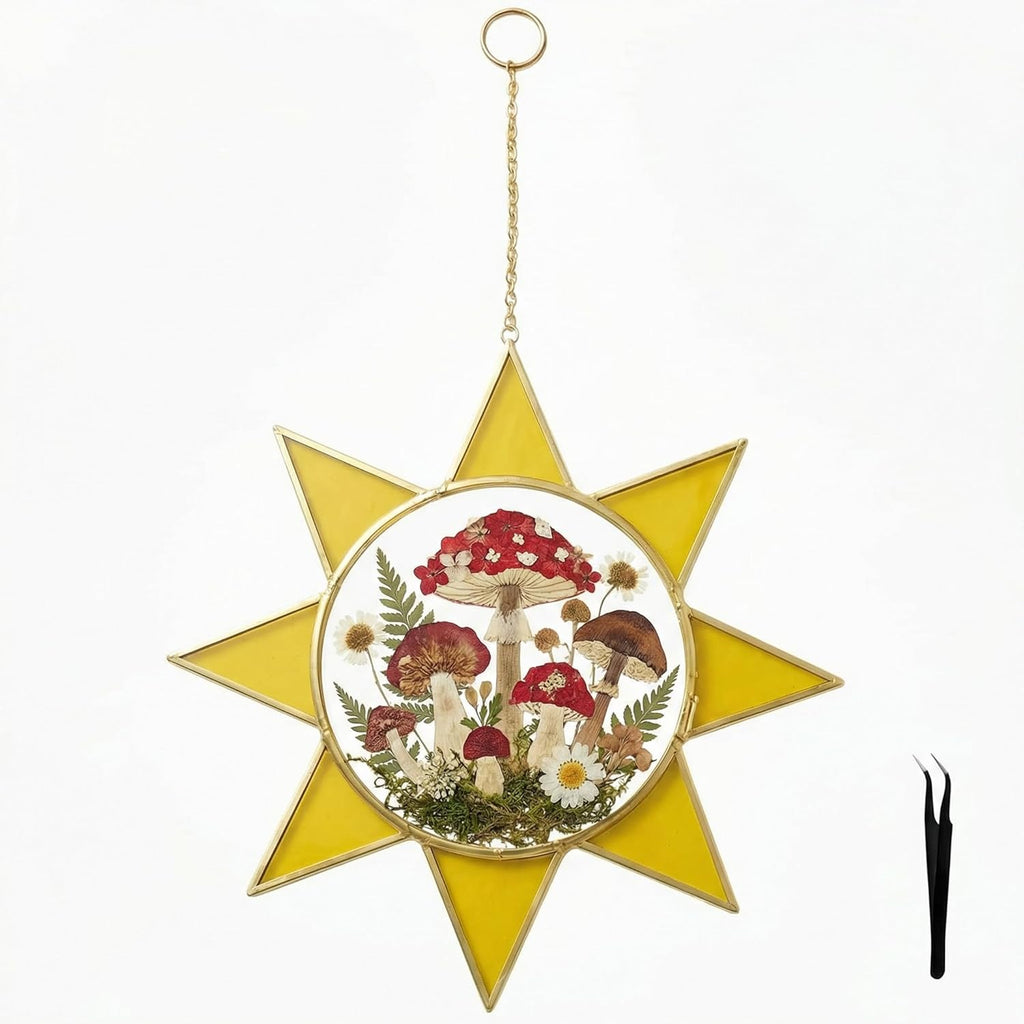 Sunburst Pressed Flower Frames - Decorative Double Glass Wall Art | Horizontal Display for Dried Flowers & Plants, Gold
