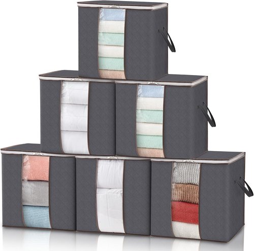Lifewit 100L Clothes Storage Bins - 6 Pack Foldable Bags with Lids, Clear Window & Reinforced Handles