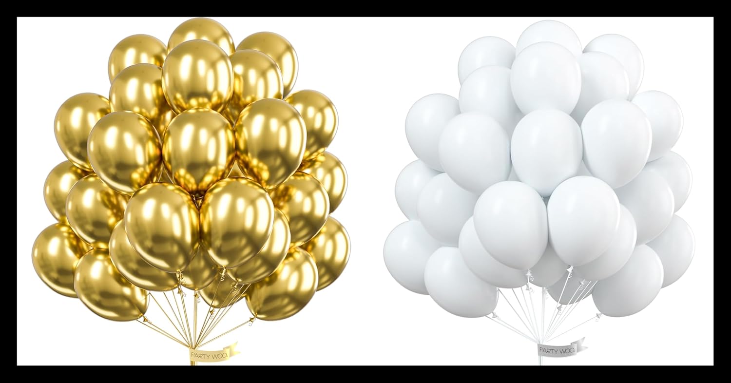 PartyWoo Metallic Gold & White Balloons - 100 Pcs for Stunning Celebrations