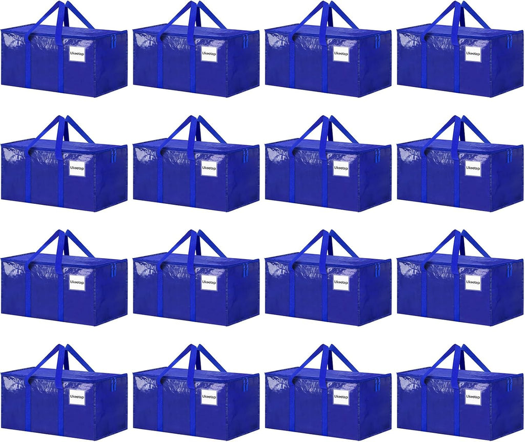 Skiennix Extra Large Heavy-Duty Moving Bags - 16 Pack Blue Storage Totes with Reinforced Handles & Zippers