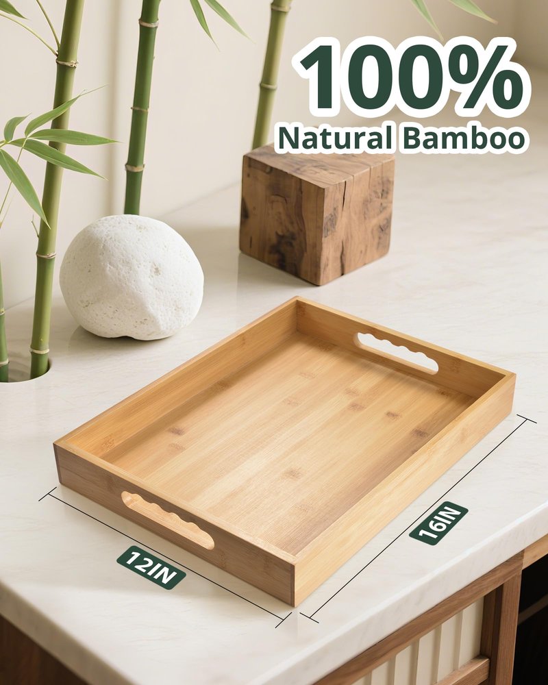 Bamboo Serving Tray with Handle, Breakfast in Bed Tray with Removable Silicone Mat, for Pantry Living Room Bathroom Tea Bar
