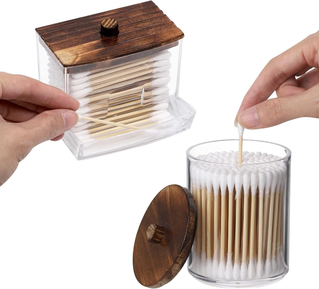 Tbestmax Q-Tips Holder - Stylish Brown Wood Lid Cotton Ball & Swab Dispenser | 10/7 OZ Apothecary Jar (2 Pcs)