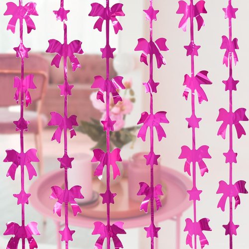 Menstarsi Bow Party Decorations - Hot Pink Foil Fringe Curtains | 3.3 X 6.6 Ft Birthday Backdrop