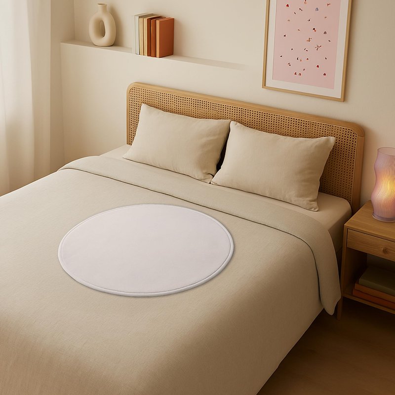 Dame Products Thro Blanket, Waterproof Bed Blanket & Spill Proof Throw, Breathable Cotton Cover, Machine Washable Mattress & Furniture Protector, Portable with Travel Bag, Circle Shape, Oat Color