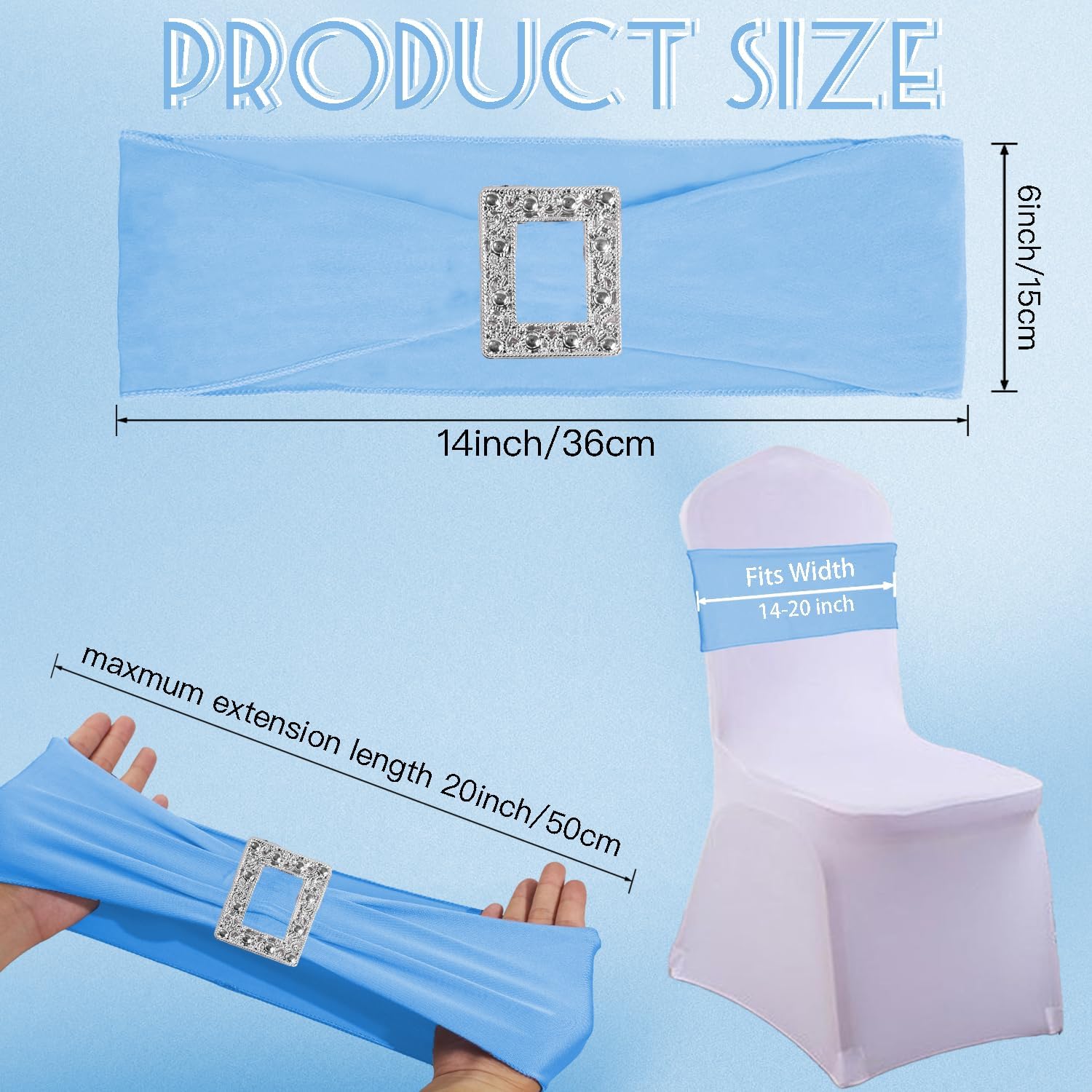 Skiennix Spandex Stretch Chair Sashes - 100 Pack Elastic Covers with Buckle Slider for Weddings & Events | Baby Blue