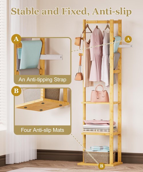 Cozivolife Bamboo Heavy Duty Small Clothing Coat Rack with Shelves & Hooks - Freestanding Corner Garment Rack for Entryway/Bedroom/Small Spaces - Anti-Slip, Anti-Tip Design, Easy Assembly