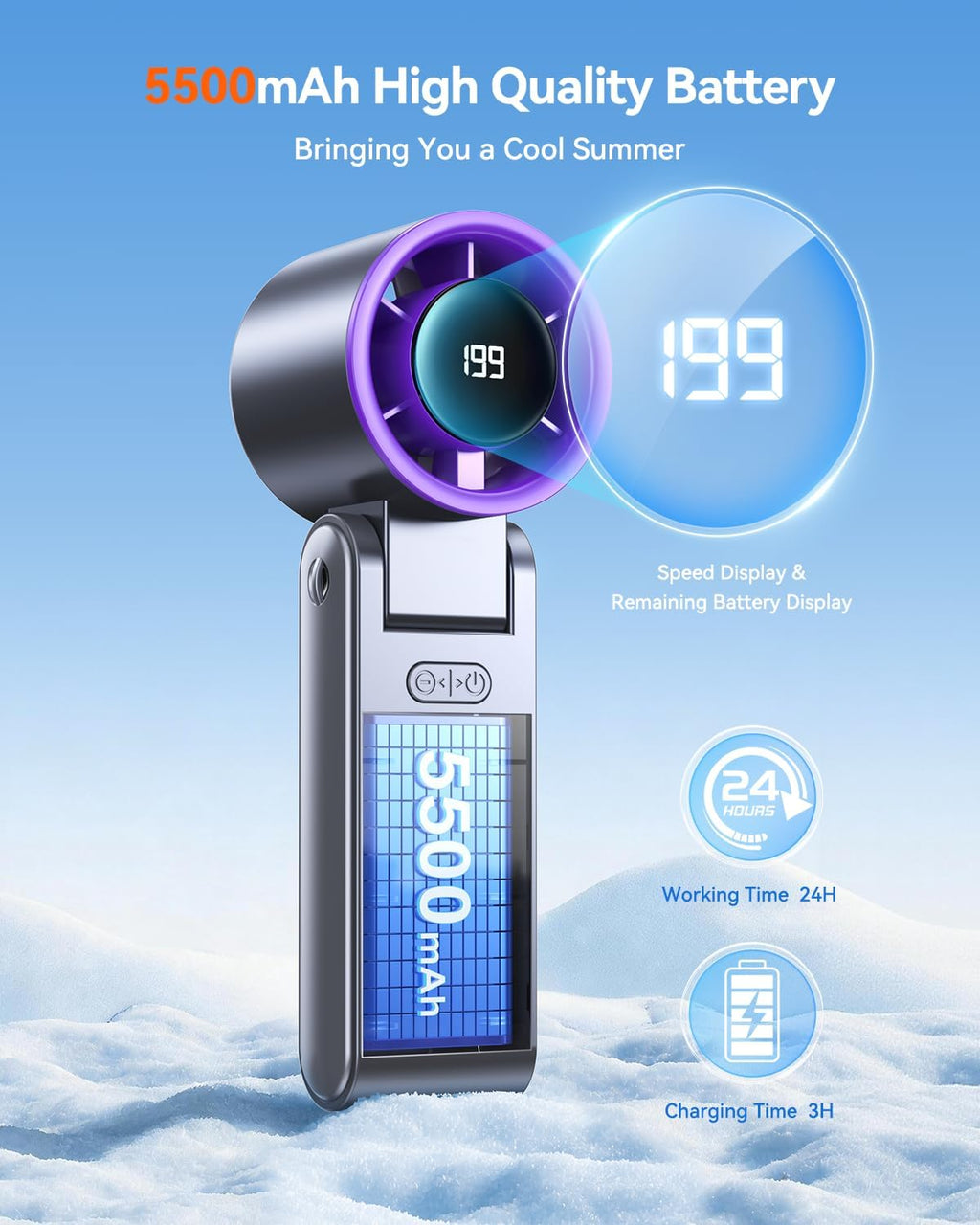 Skiennix Portable Handheld Turbo Fan - 199 Speed Settings | 24-Hour Cooling | Rechargeable Mini Fan in Grey Purple