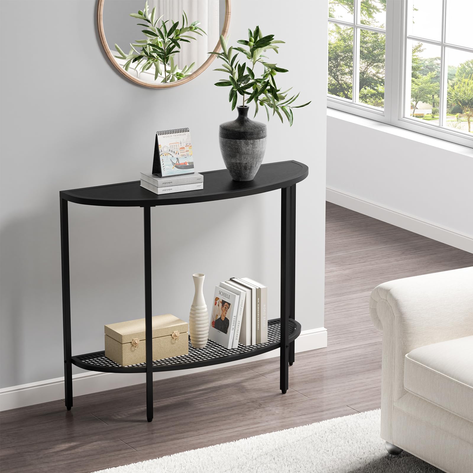SAYGOER Glass Half Moon Console Table 2 Tier Narrow Entryway Table with Gold Metal Frames, Modern Couch Table Small Entry Way Tables, Easy Assembly, Clear Glass Gold Frames