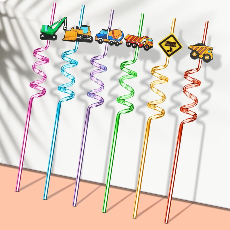 24 Reusable Construction Plastic Straws Excavator Bulldozer Blender Truck for Construction CraneTheme Birthday Party Supplies