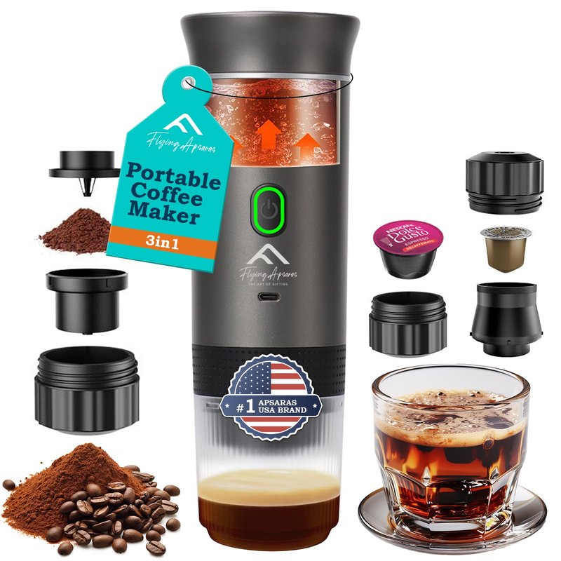 APSARAS USA Portable Coffee Maker for Travel, Portable Espresso Maker, 20 bar Mini Espresso Machine, 3in1 Travel Coffee Maker with Ground Coffee & Capsule(Ns&DG) for RV, Camping, Car
