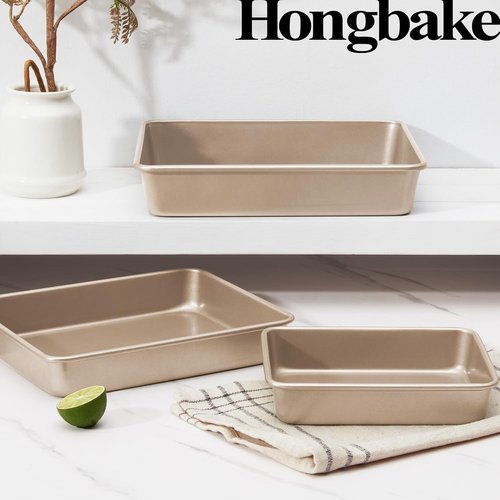 HONGBAKE Nonstick Deep Baking Pans Set - 3 Rectangular Oven Trays for Brownies & Lasagna | 13/11/9 Inch
