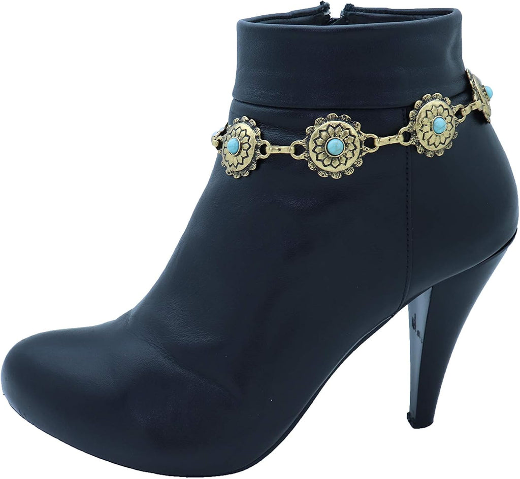 TrendyFashionJewelry Boot Chain Bracelet | Western Bohemian Anklet with Blue Flower Charm in Antique Gold