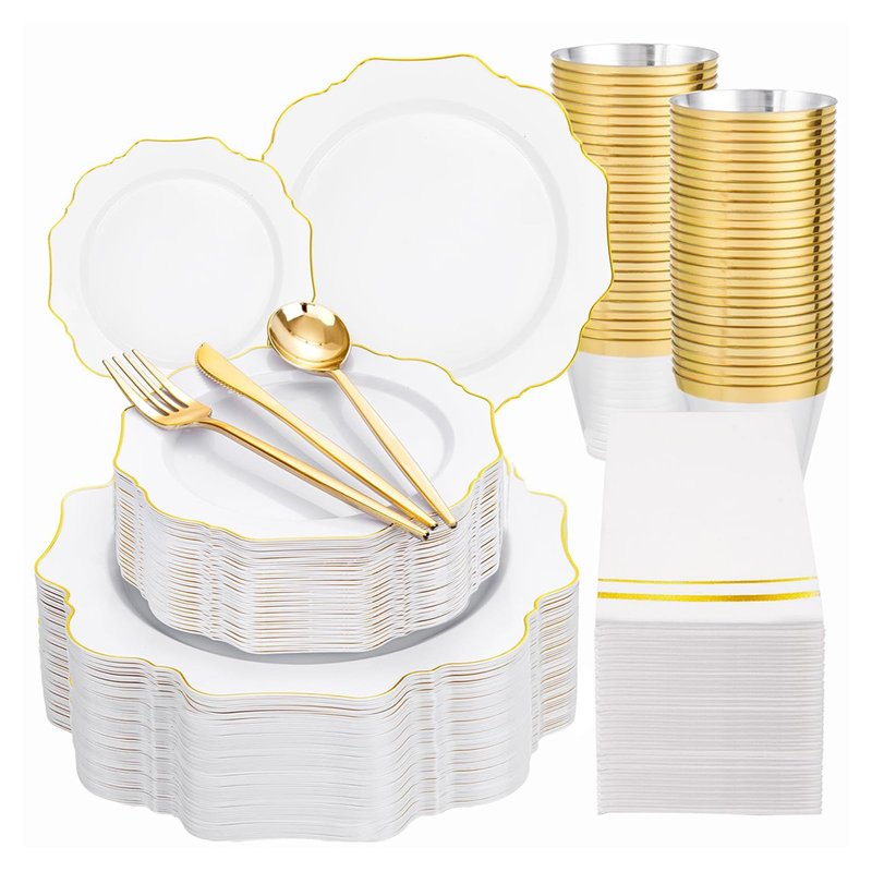 WDF 350PCS White and Gold Plastic Plates - Gold Plates Disposable 50Guest Plastic Dinnerware Ideal for Party/Wedding/Birthday/Mother's Day